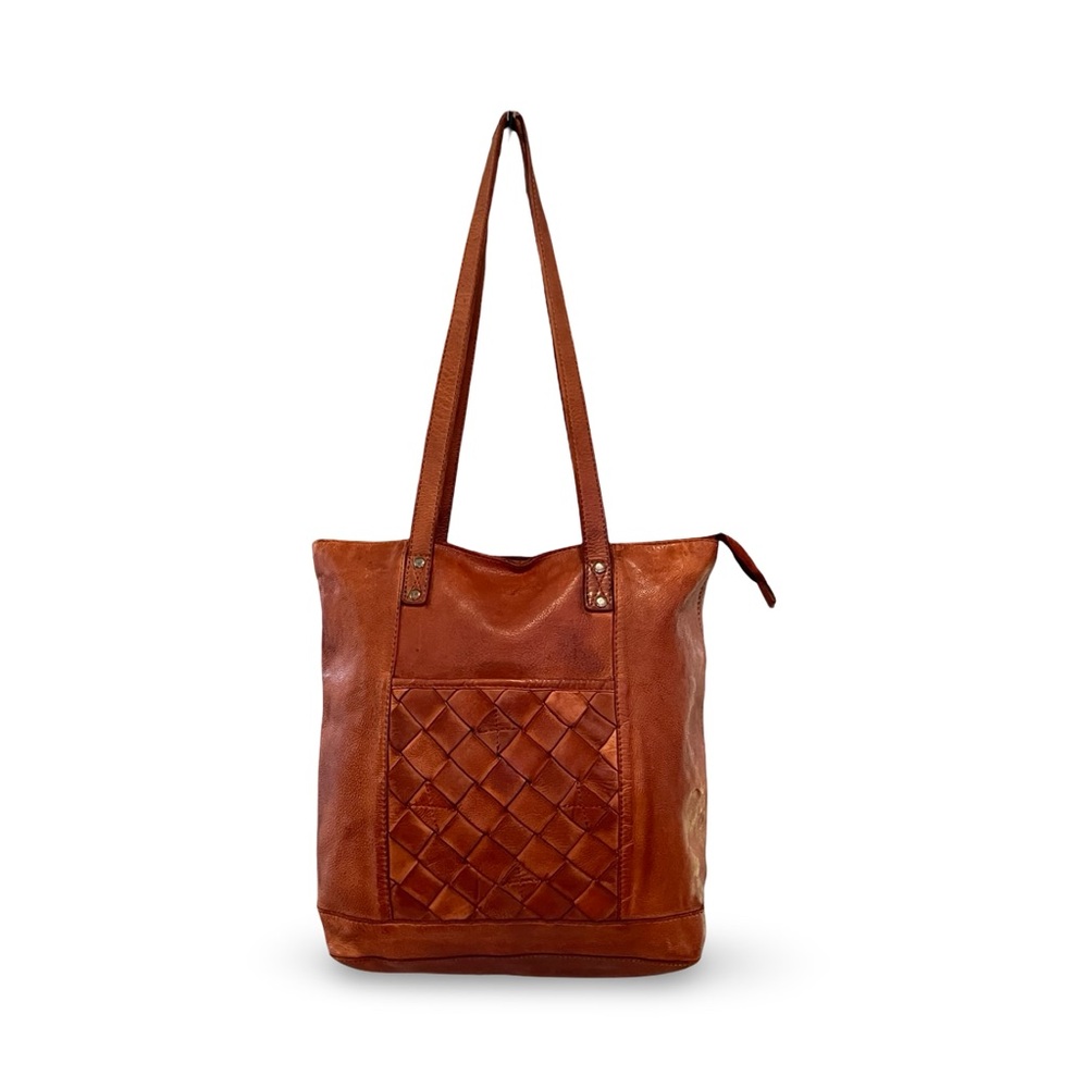Vilenca Holland Olivia Large Woven Accent Cognac Brown Leather Tote Shoulder Bag